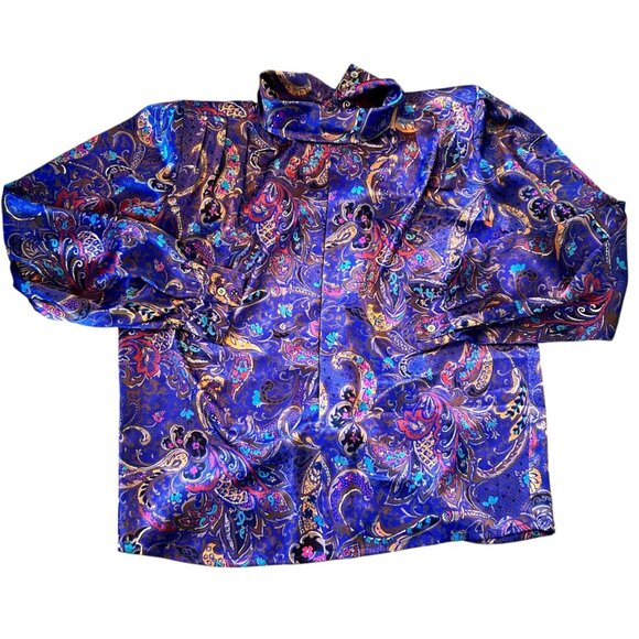 Vintage Susan Mathews Novelty Print Mock Neck Blouse 12 - Picture 2 of 7